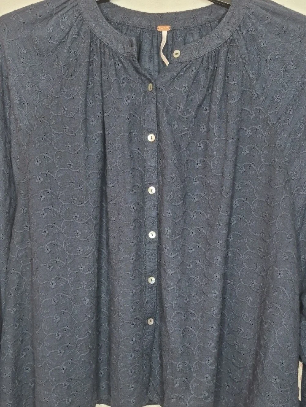 NWT Free People Navy‎ Blue Eyelet Button Up Blouse Boho Oversized XS Flaw